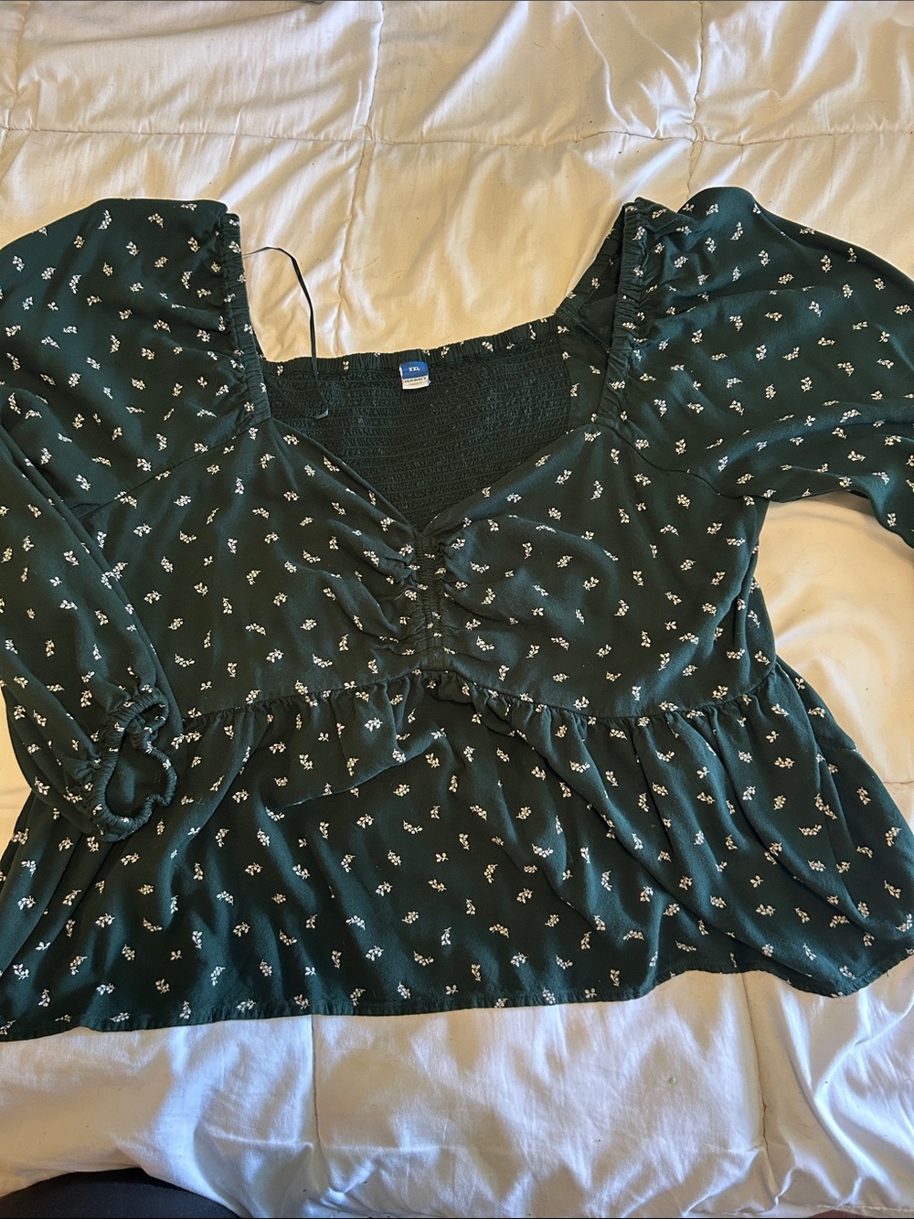 Old Navy Forest Green Floral Smocked V-Neck Peplum Top